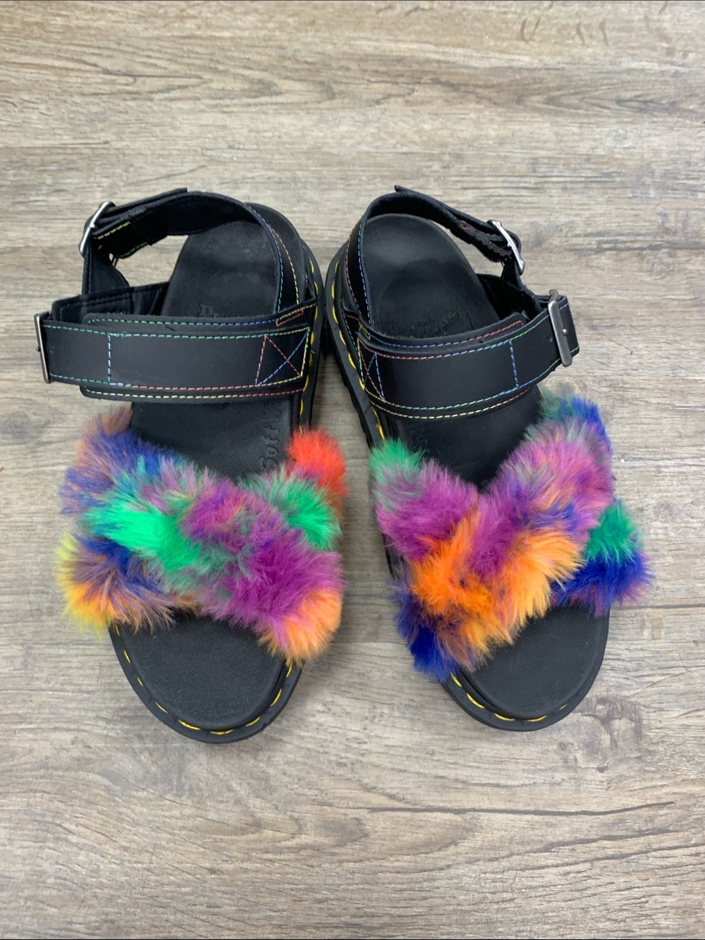 Dr. Martens Black Sandals with Multicolor Faux Fur Size 7